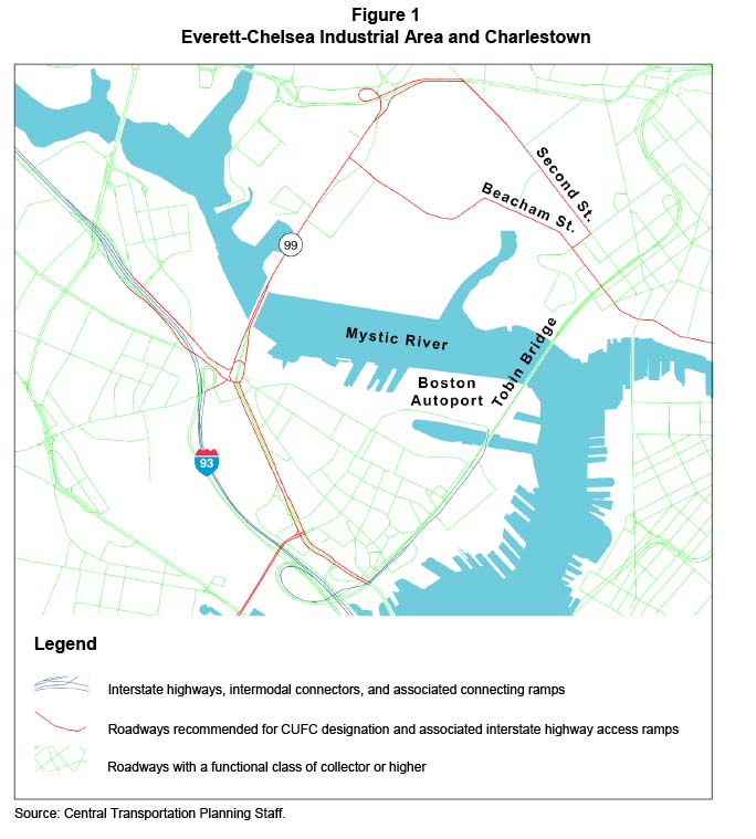FIGURE 1. Everett-Chelsea Industrial Area and Charlestown
This figure is a map of important roadways in Charlestown and parts of Everett and Chelsea near the Mystic River.