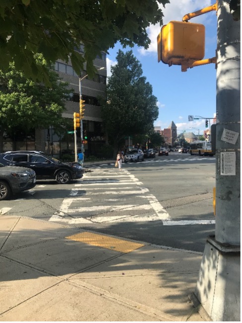 Figure 7
All four curb ramps are apex, as pictured here looking north along the intersection’s west leg from the southwest corner. Figure 7
All four curb ramps are apex, as pictured here looking north along the intersection’s west leg from the southwest corner.